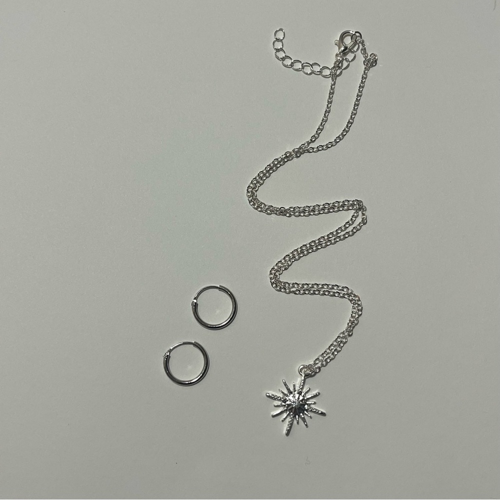 Silver Starburst Necklace and Hoop Earrings Set